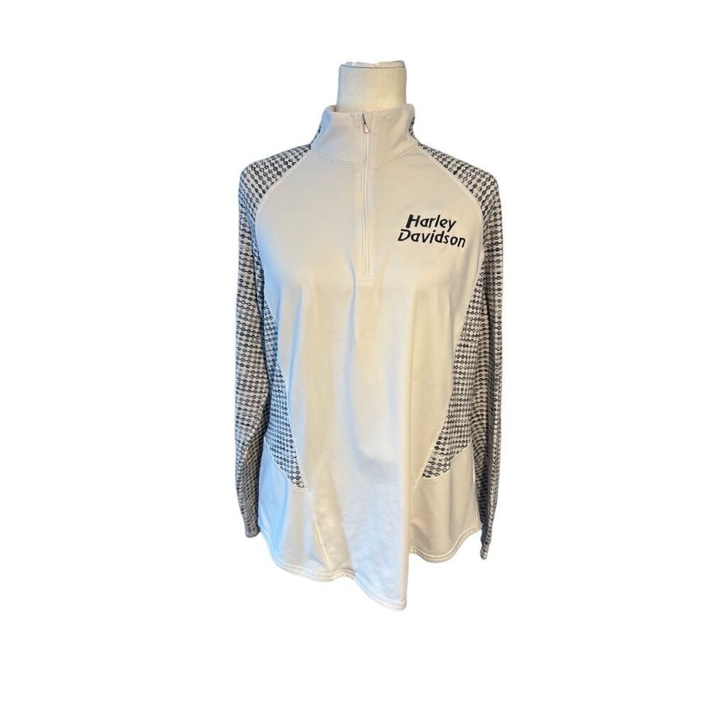 Harley Davidson embroidered 1/4 zip white pullover with gray patterned sleeves -